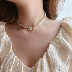 pearl stitching Korean camellia pastoral style flower clavicle chain alloy necklace