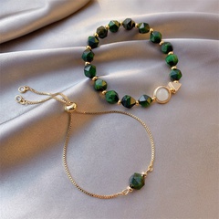 Simple green gemstone bracelet Korean style tiger eye stone alloy bracelet 2-piece set