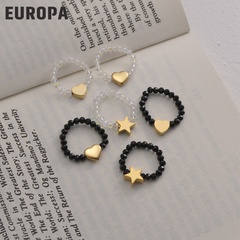 simple rice bead heart shape index finger ring stainless steel elastic rope star ring