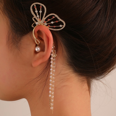 new long tassel butterfly long pearl single alloy ear clip NHDP634375's discount tags