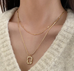 Korean simple light luxury niche square pendant double-layer short copper necklace