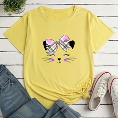 Fashion simple cat bow print ladies loose casual T-shirt