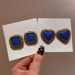 fashion metal retro Klein blue heart-shaped earrings