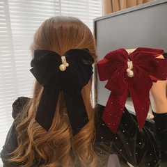 Korean velvet oversized bow pearl hairpin fashion back head spring clip wholesale