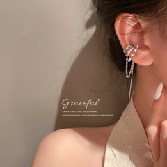 simple single tassel rhinestone-studded pearl no ear hole ear bone clip