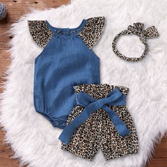 2022 baby girl suit leopard print denim romper pants hairband 3-piece set