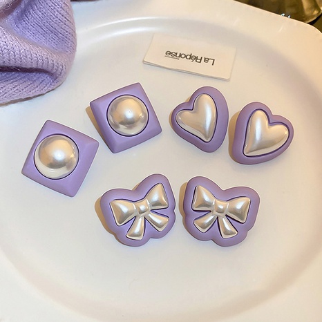 vintage purple contrast color pearl geometric heart earrings wholesale NHJBY630329's discount tags