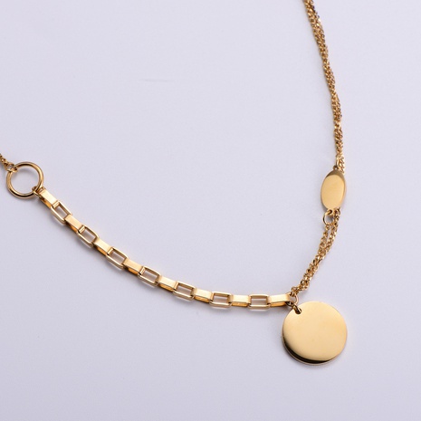 simple hollow chain stainless steel stitching chain round card pendant necklace's discount tags