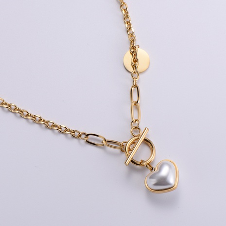 Simple Contrast Color Stainless Steel OT Chain Heart-Shaped Pearl Pendant Necklace's discount tags
