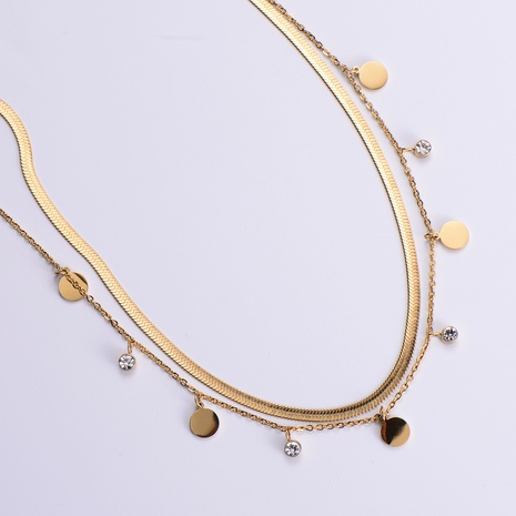 simple geometric stainless steel round brand zircon pendant double layer necklace's discount tags