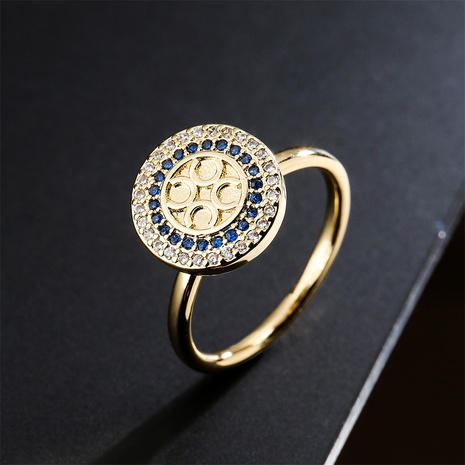 Anillo abierto de circón azul y blanco con forma geométrica retro, joyería de oro real chapada en cobre's discount tags