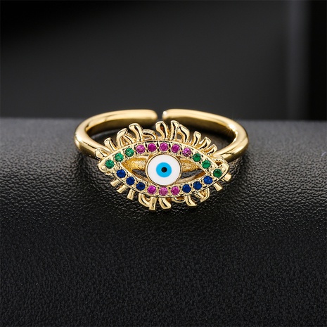Anillo abierto geométrico con forma de ojo de la suerte a la moda, joyería de circonio colorido con incrustaciones de cobre's discount tags