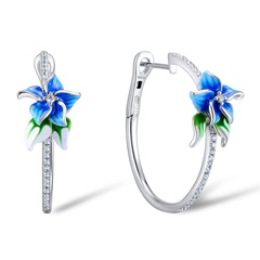 simple blue flower shaped inlaid zircon copper earrings