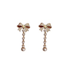 fashion bow pearl tassel long rhinestone pearl earrings wholesale