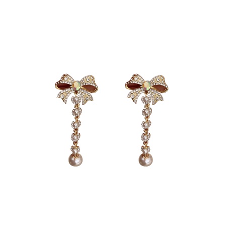 fashion bow pearl tassel long rhinestone pearl earrings wholesale NHJBY642513's discount tags