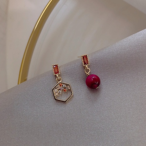 vintage red bean asymmetric alloy geometric inlaid rhinestone earrings wholesale's discount tags