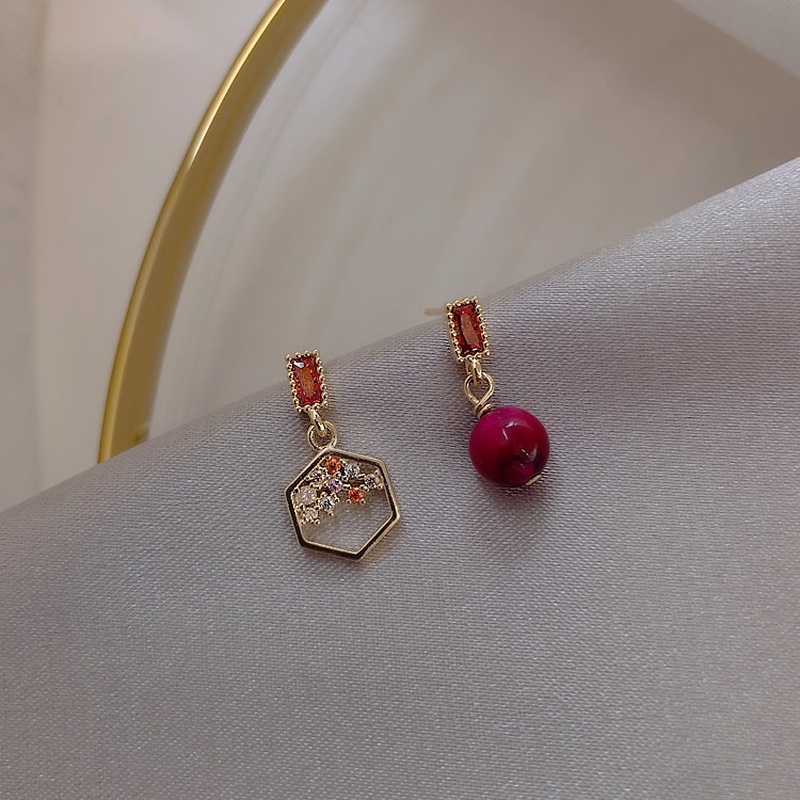 vintage red bean asymmetric alloy geometric inlaid rhinestone earrings wholesale