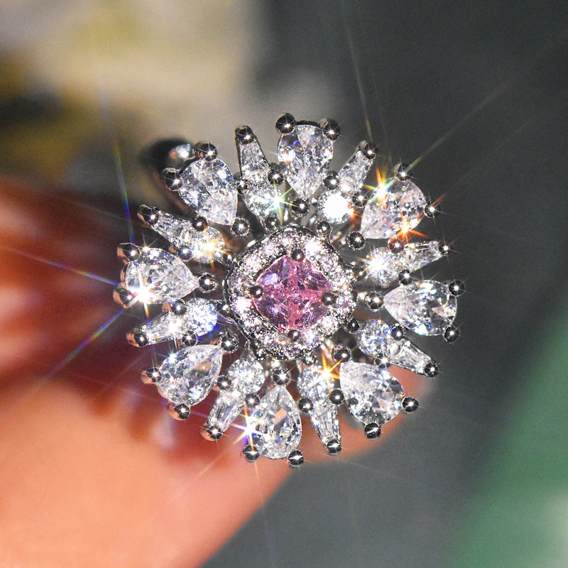 New Cut Diamond Ring Imitation Natural Argyle Pink Zircon Copper Ring