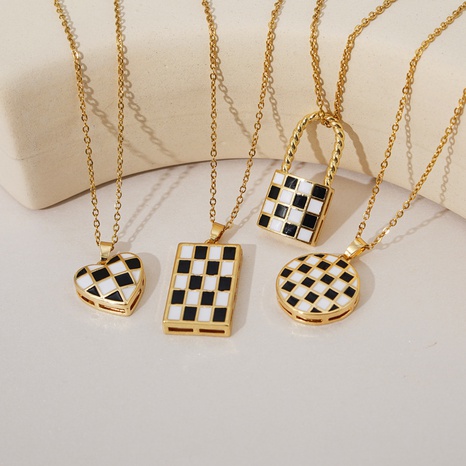 Checkerboard fashion trend pendant heart lock titanium steel clavicle chain wholesale NHGI642921's discount tags