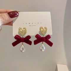 fashion red bow earring pearl new year earrings long heart earrings