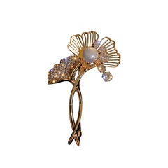 Broche de hoja de ginkgo de perla de circón galvanizado en forma de abanico, ramillete con microincrustaciones, accesorios de ropa de cobre