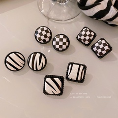 Geometric Black and White Contrast Color Plaid Striped Stud leather Checkerboard Retro Earrings