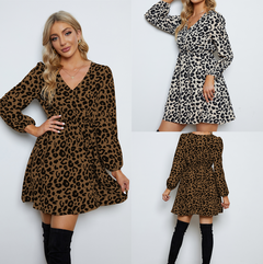 V-neck leopard print long-sleeve dress
