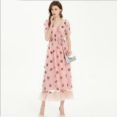 Ladies New Pink Mesh Strawberry Sequin Ruffle Tie Short Sleeve V-Neck Dress