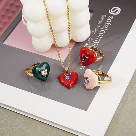 fashion zircon oil heart shaped drop copper ear buckle ring necklace wholesale's discount tags