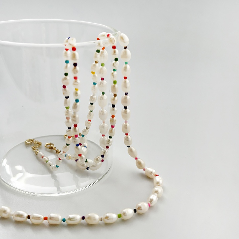beach natural freshwater pearl rainbow simple rice bead copper necklace female