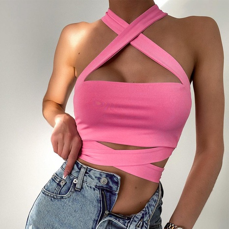fashion solid color pink sleeveless hollowed lace-up vest wholesale's discount tags