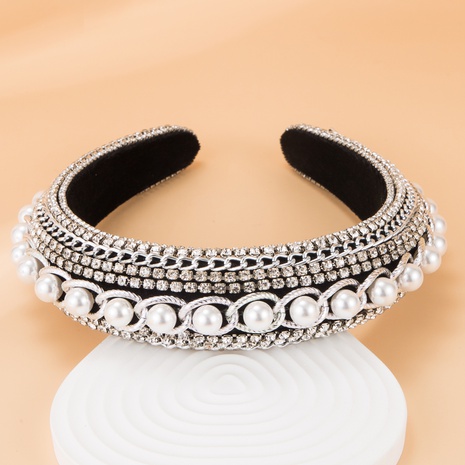 Breites Stirnband mit barocker Intarsienperle und Silberkette's discount tags