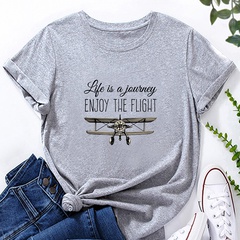 Fashion Letter Airplane Print Ladies Loose Casual T-Shirt