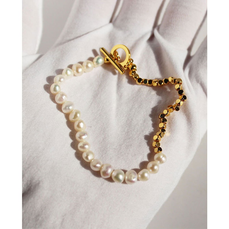 fashion freshwater pearl bracelet stitching gold spacer bead copper bracelet
