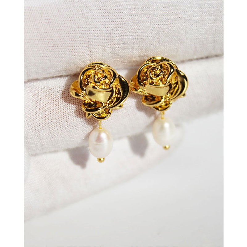 retro golden camellia vintage pearl rose copper earrings