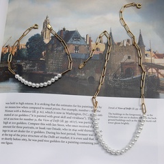 fashion half stitching chain pearl titanium steel plated 18K gold necklace bracelet