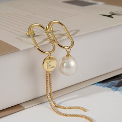 Pearl earrings women's asymmetric tassel round piece long copper earrings