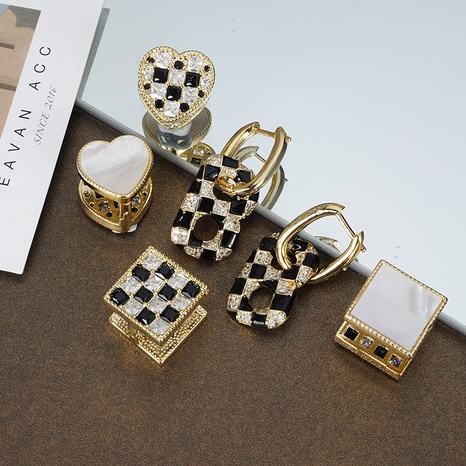 fashion checkboard letter B fashion copper inlaid zircon earrings wholesale NHGI644176's discount tags