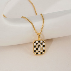 Fashion Checkerboard necklace female new oil dripping square number pendant retro sweater titanium steel chain
