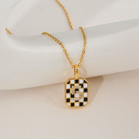 Fashion Checkerboard necklace female new oil dripping square number pendant retro sweater titanium steel chain's discount tags