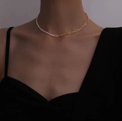 Korean brass pearl fashion slender buckle gold chain short necklace