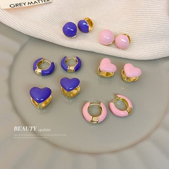 Korean blue-purple oil-dropping heart round alloy earrings wholesale