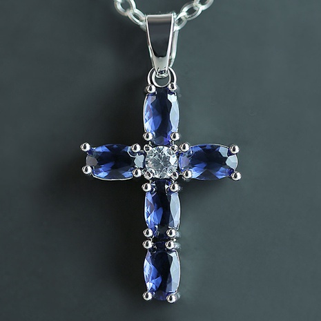 Fashion Simple copper inlaid blue oval zircon Cross pendant Necklace's discount tags