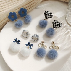 fashion blue hair ball earrings flocking flower alloy earrings wholesale