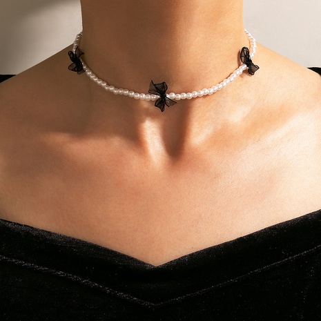 Mode Nachahmung Perle Schleife einlagige Halskette Boho Halskette's discount tags