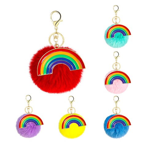 simple alloy drip oil rainbow multi-color plush ball keychain pendant's discount tags