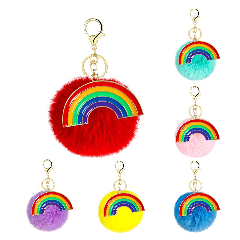simple alloy drip oil rainbow multicolor plush ball keychain pendant