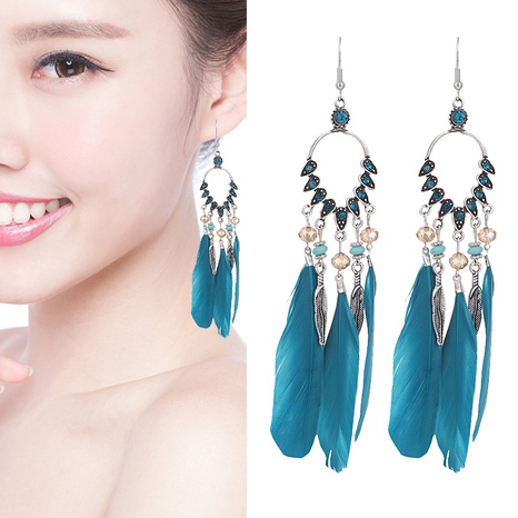 New peacock feather diamond-studded rice bead long tassel earrings's discount tags