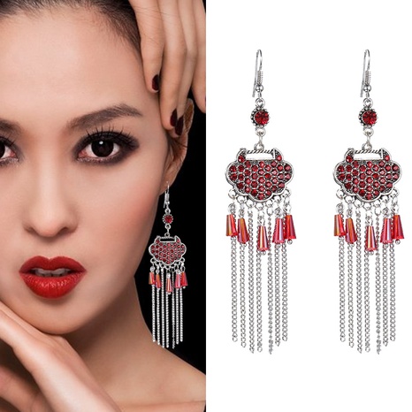Cerradura creativa retro borla llena de diamantes largos pendientes de estilo chino joyería's discount tags