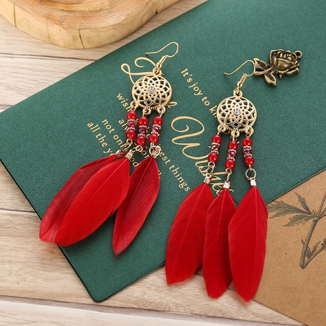 vintage rice beads tassel long dreamcatcher feather earrings wholesale's discount tags